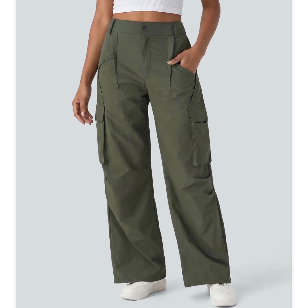 Halara women's large mid rise zipper pockets wide leg baggy casual cargo pants